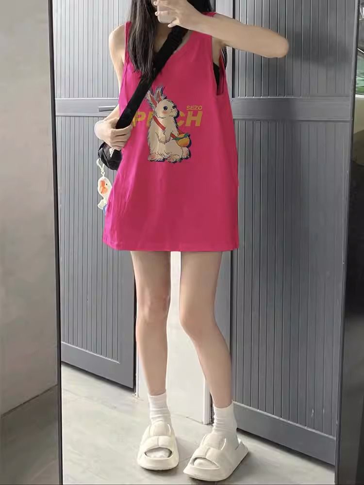 火龍果色坎肩無袖T恤女2023年夏新款韓系辣妹穿搭寬鬆籃球背心潮