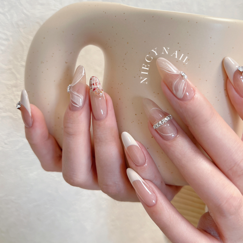 【nail家】夏日心動芭蕾~高級法式飄帶碎鑽美甲手工定製穿戴甲貼