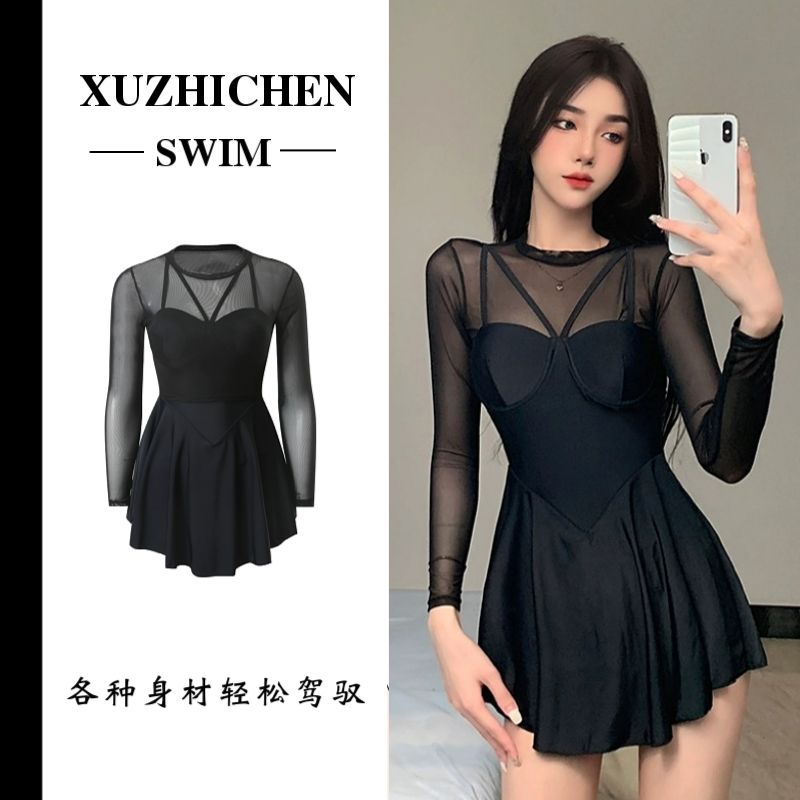 Swimsuit for women in hot springs, conservative long-sleeved steel support, push-up one-piece skirt style, covering the flesh and showing slimming, new ins style swimsuit