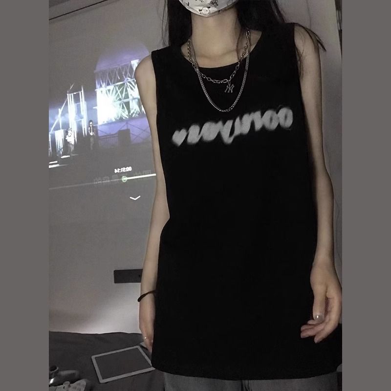 黑色運動背心t恤女夏外穿美式復古oversize寬鬆百搭無袖上衣打底
