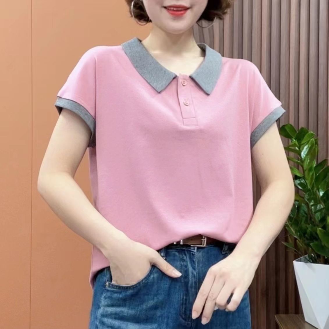 品質100%純棉中年媽媽裝夏新款polo短袖T恤洋氣減齡顯瘦上衣女士