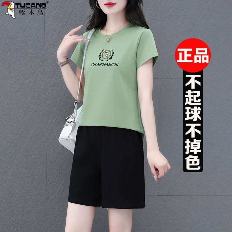 Woodpecker genuine sportswear suit female mother summer thin cotton short-sleeved shorts two-piece set 2023 new