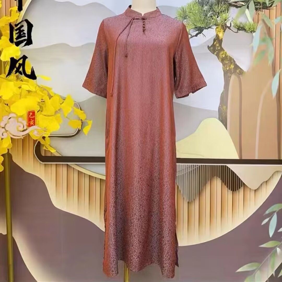 高檔香雲紗提花連衣裙富婆夏季新款流光溢彩花籮國風寬鬆休閒旗袍
