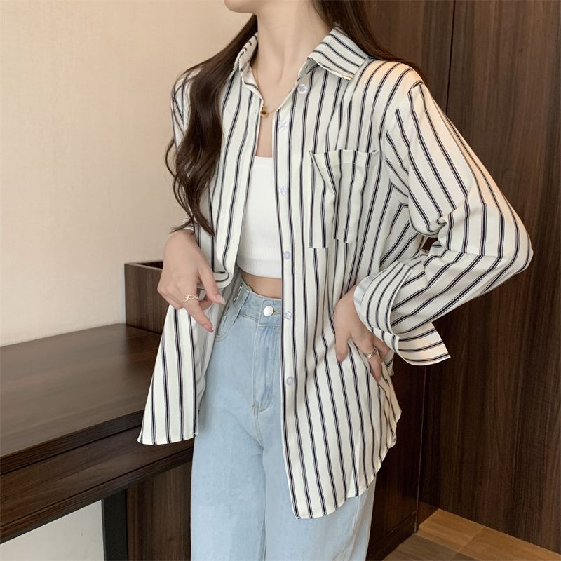 復古港味條紋襯衫外套女長袖休閒慵懶風設計感寬鬆POLO領上衣開衫