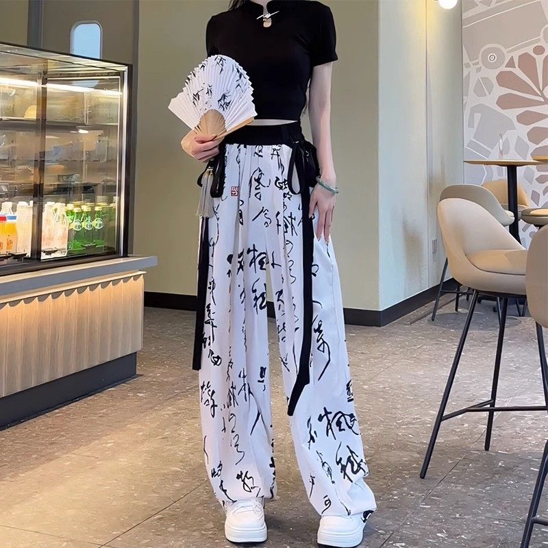 水墨書法雪紡闊腿中大女童垂感夏季薄款寬鬆直筒慵懶休閒冰絲褲子