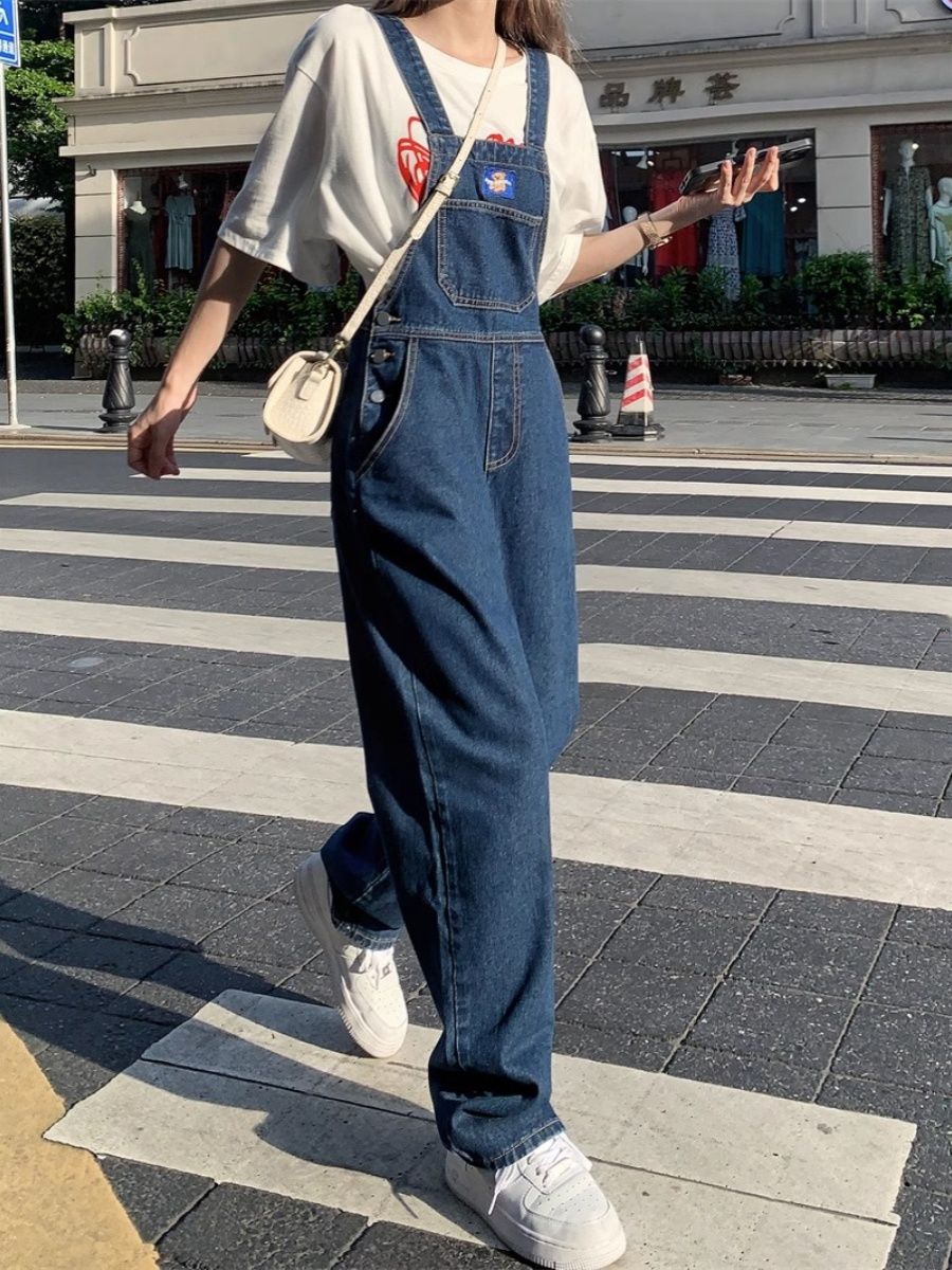 美式復古工裝牛仔背帶褲女2023夏季新款大碼寬鬆闊腿長褲吊帶褲子