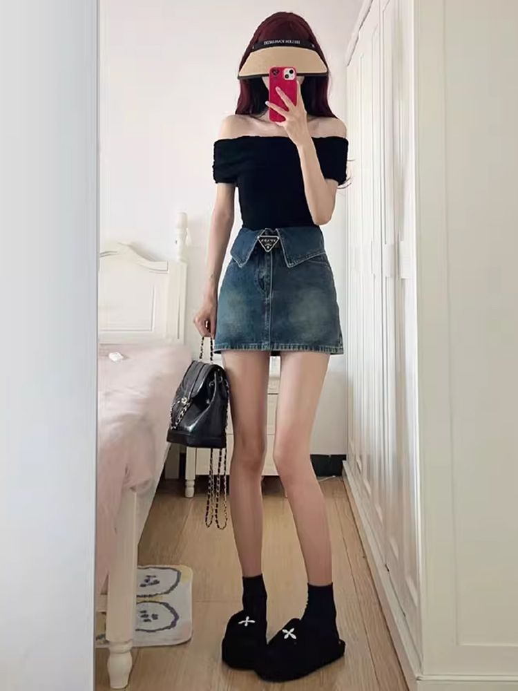 辣妹美式復古牛仔短裙女2023年夏季大碼高腰顯瘦a字包臀半身裙子