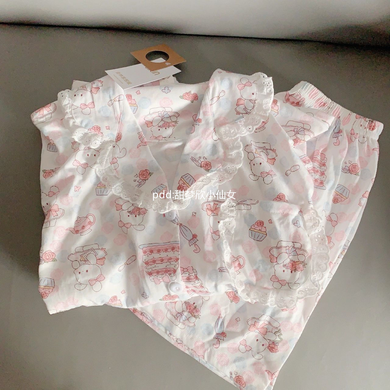 日系可愛卡通蛋糕兔睡衣女夏季天新款短袖短褲蕾絲花邊家居服套裝