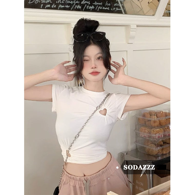 SODAZZZ design sense heart hollow short-sleeved front shoulder T-shirt female summer hot girl careful machine slim top trendy
