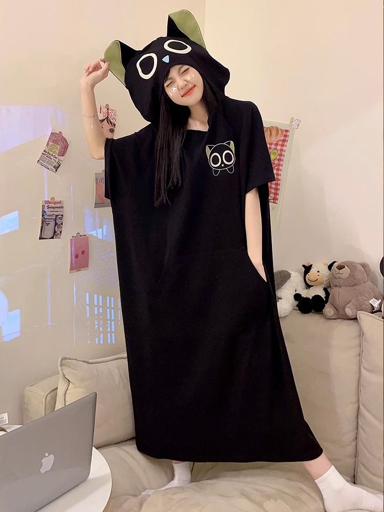 特大碼胖MM2-300斤睡衣女夏天短袖寬鬆卡通可愛黑色連帽搞怪睡裙