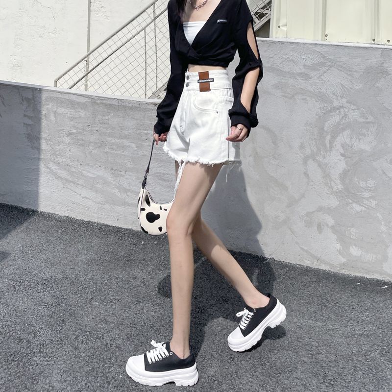 白色牛仔短褲女夏高腰a字闊腿2023夏季新款寬鬆顯瘦破洞辣妹熱褲