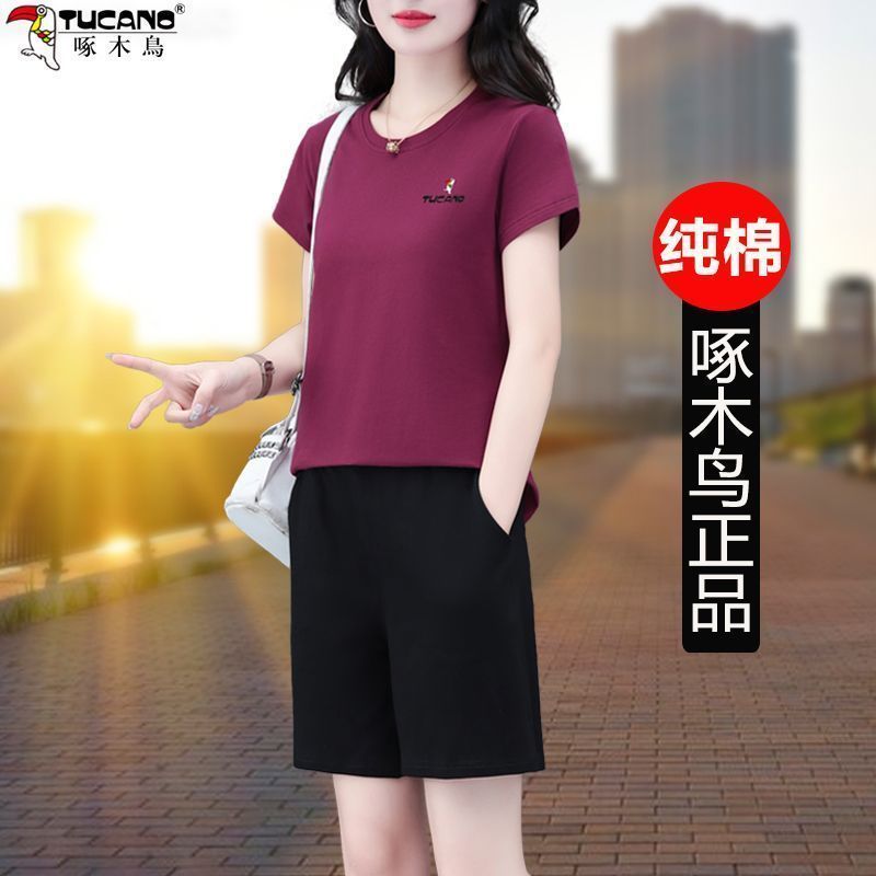 Woodpecker high-grade cotton sportswear suit female  new summer loose running short-sleeved shorts two-piece set