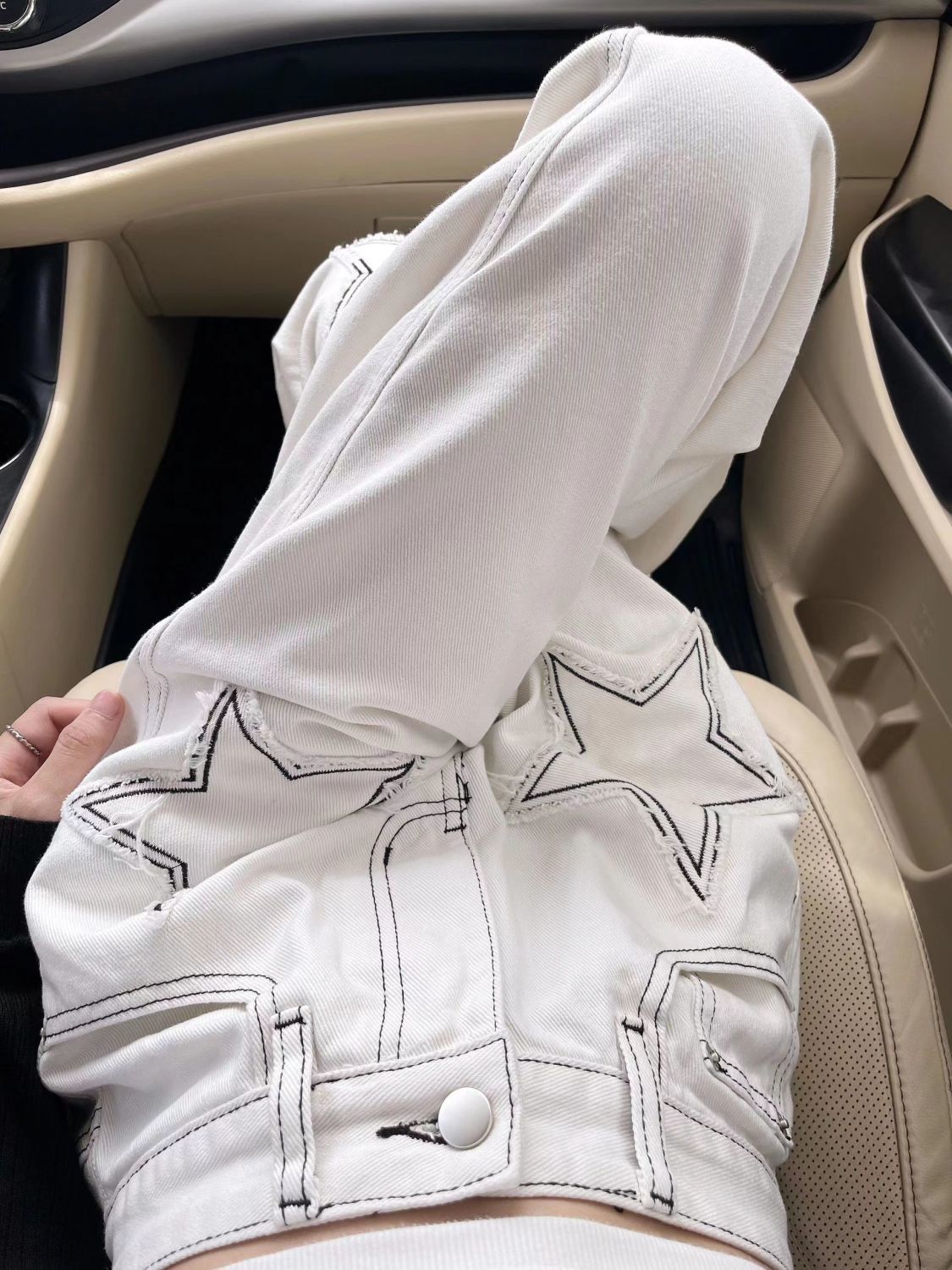 美式星星貼布牛仔褲女夏季新款明線裝飾高腰百搭寬鬆垂感直筒長褲