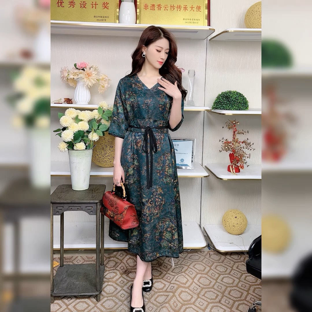 香雲紗雙面穿民族風原創寬鬆女士裙子紅雲紗女裝國風七分袖連衣裙
