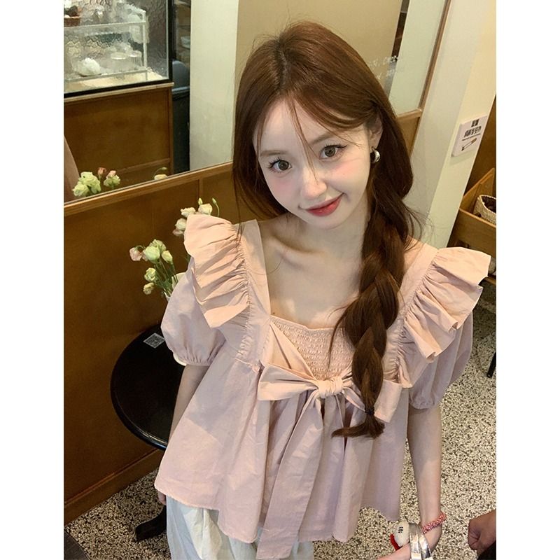 法式甜美方領小飛袖荷葉邊襯衫夏季女裝2023新款杏色裙擺娃娃上衣