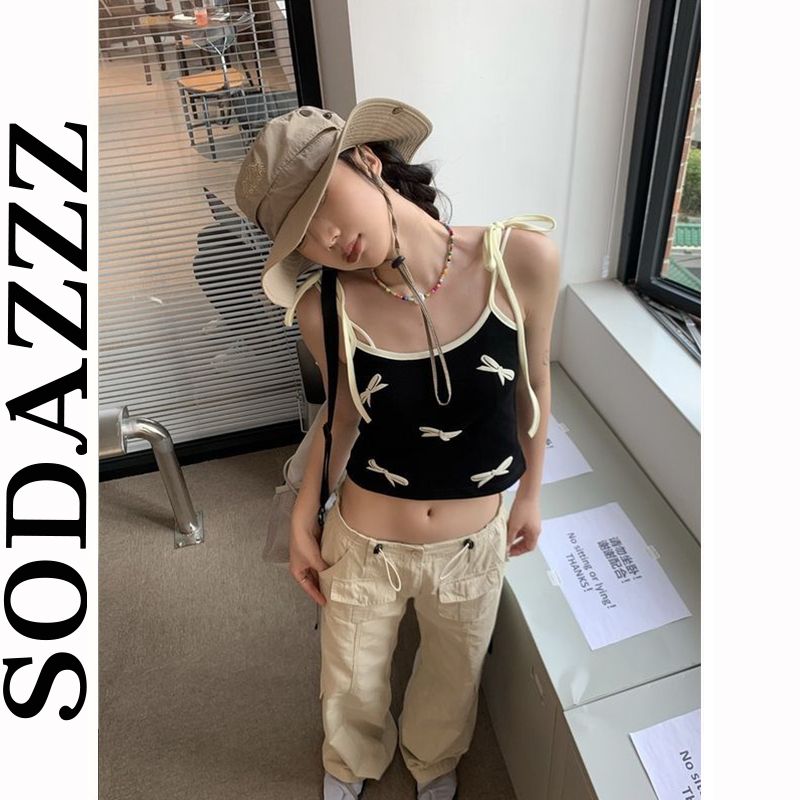SODAZZZ美式復古吊帶背心女夏季辣妹純欲蝴蝶結無袖外穿短款上衣