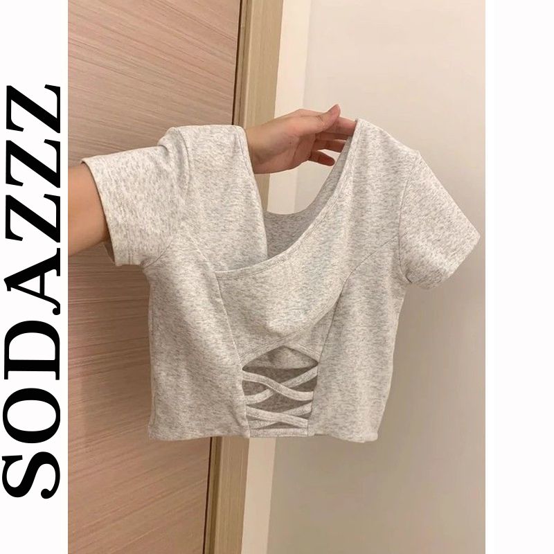 露背正肩短袖t恤女夏季2023新款短款顯瘦辣妹上衣夏日多巴胺穿搭