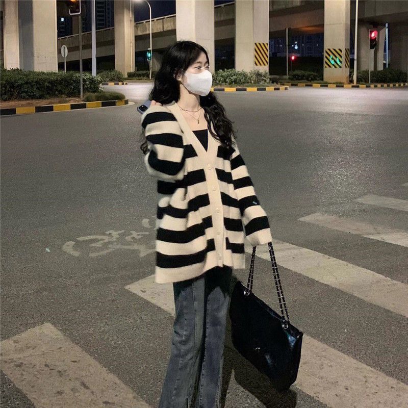 寬鬆韓版慵懶風針織衫外套秋冬款甜美復古條紋撞色毛衣開衫女學生