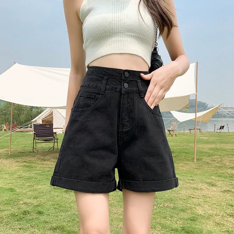 2023年新款寬鬆黑色卷邊牛仔短褲女夏季顯瘦設計感薄款高腰a字褲
