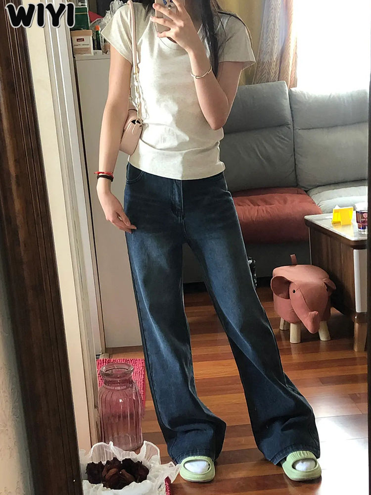 WIYI 藍灰色微喇叭牛仔褲女秋冬新款寬鬆高腰闊腿顯瘦拖地加長褲