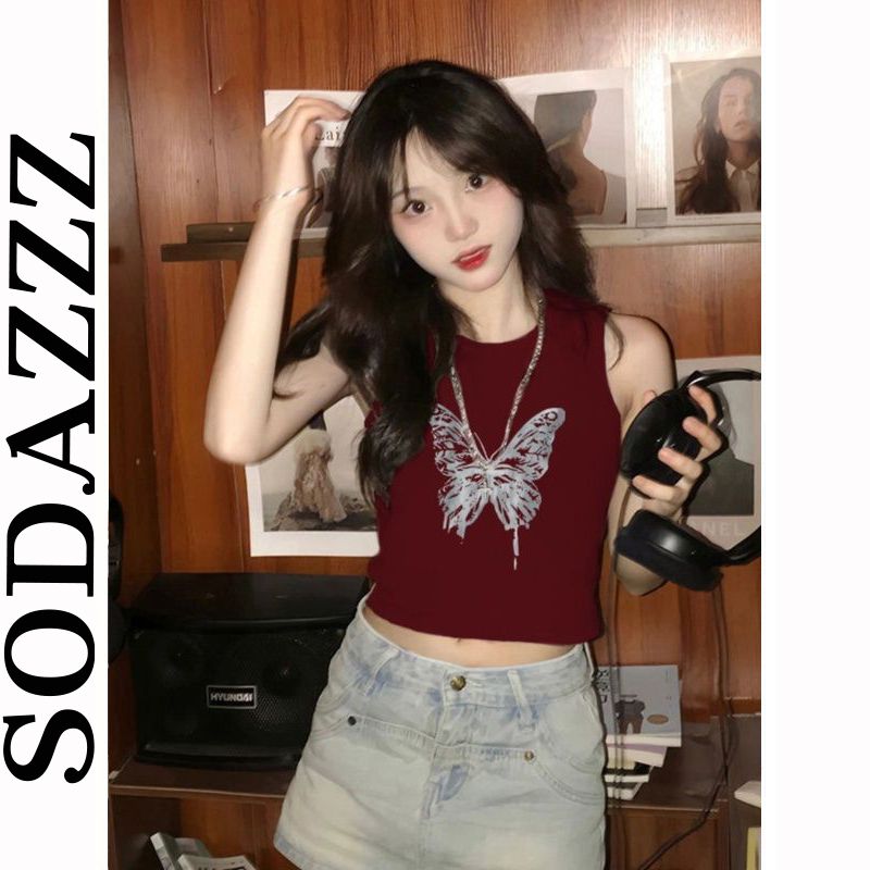 夏日多巴胺穿搭無袖t恤女酒紅色美式復古短款辣妹修身顯瘦小背心