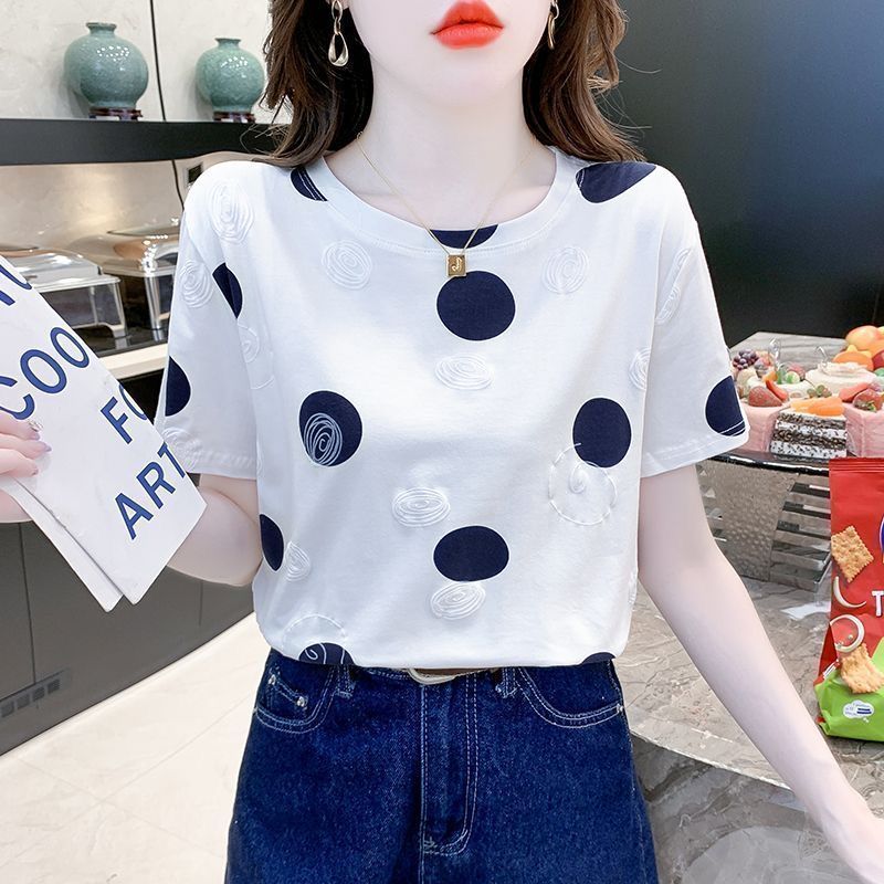 圓領波點短袖t恤女2023年夏季新款設計感小眾別致獨特上衣潮爆款