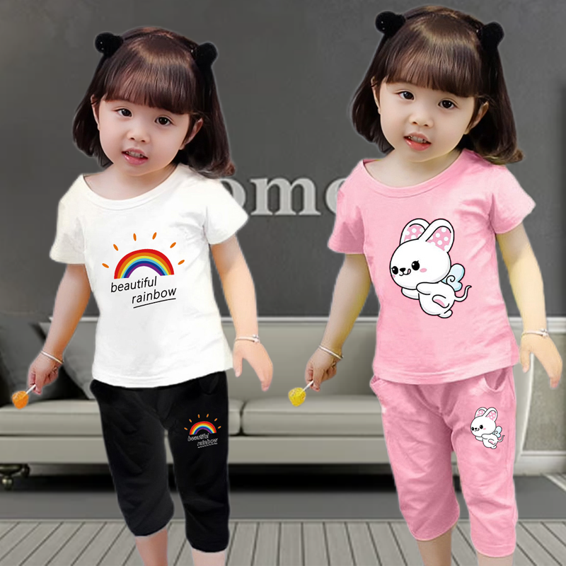 100%純棉夏季女童短袖套裝2023爆款童裝卡通兒童薄款半袖套裝ins