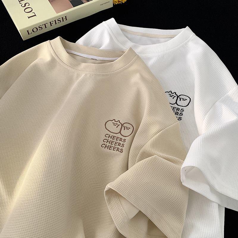 華夫格冰絲短袖t恤男夏季韓版潮牌衣服刺繡寬鬆半袖美式重磅體恤