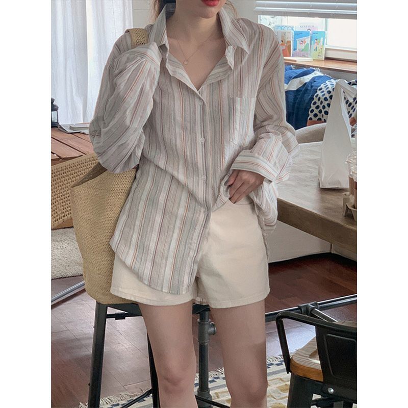 法式復古純棉豎條紋襯衫寬鬆設計感休閒ins慵懶風長袖上衣外套女