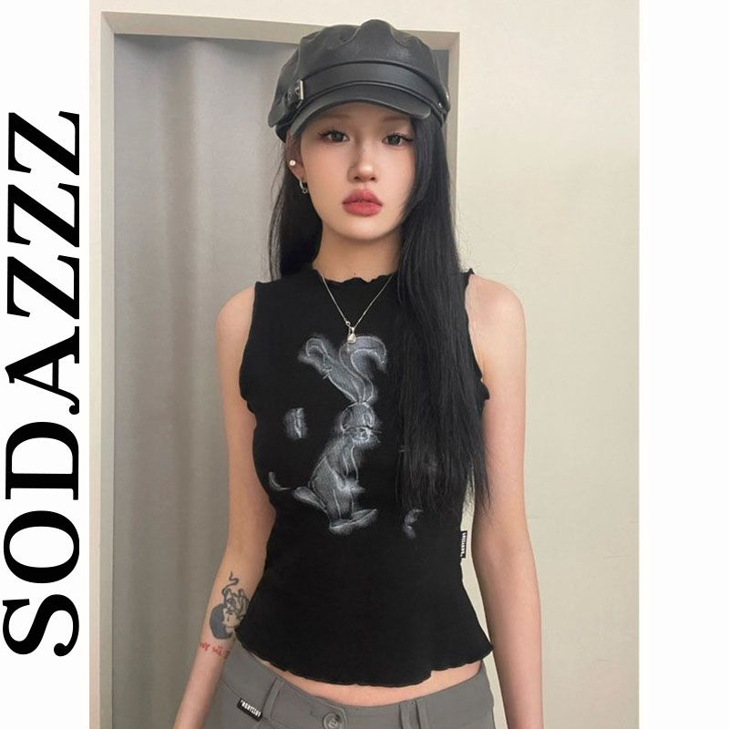 夏季新款修身顯瘦無袖背心女美式復古甜酷辣妹手繪兔子百搭上衣潮