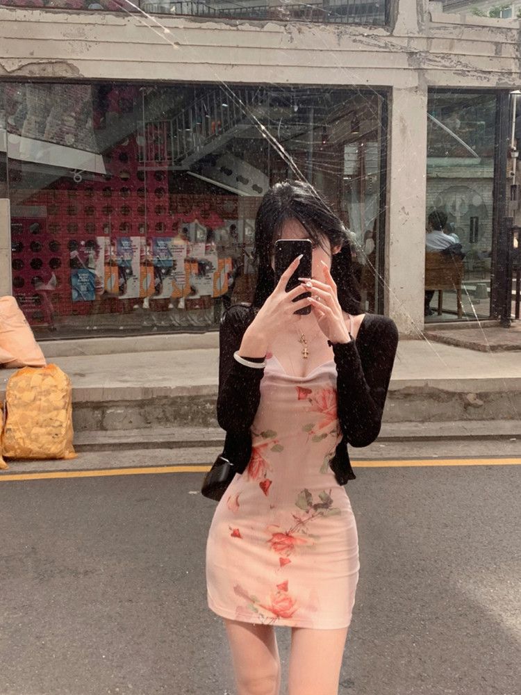 Xiaozi French rose tie-dye print suspender skirt women's short bag hip design sentimental collar long dress sweet