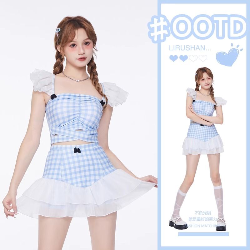 Cute girly swimsuit for women for hot spring conservative high-waist split skirt two-piece set to cover belly and look slim 2023 new style