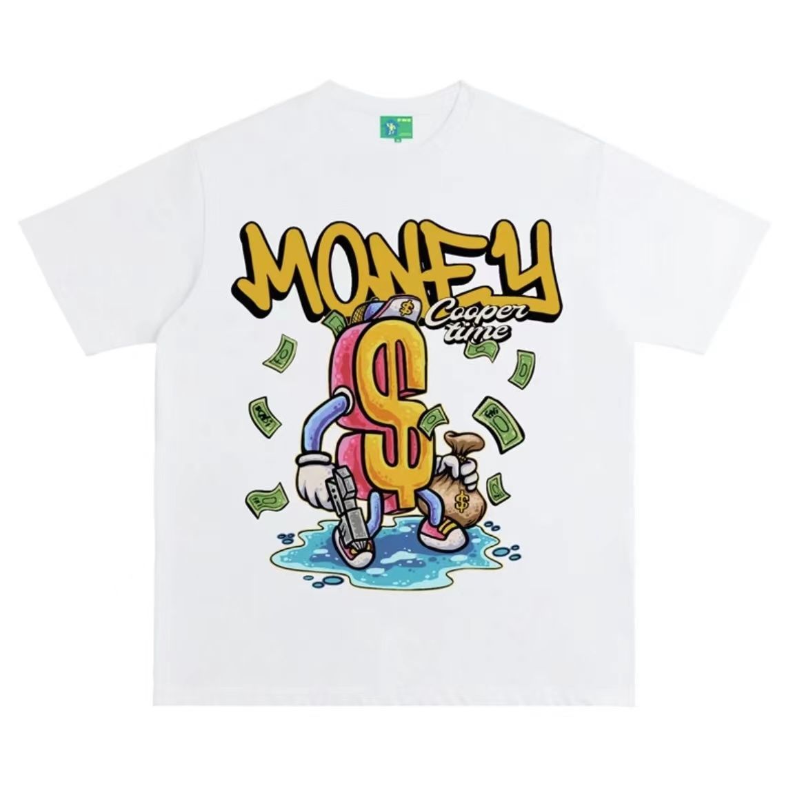 100%純棉夏季美式塗鴉Money字母印花短袖T恤男女潮流寬鬆百搭體恤