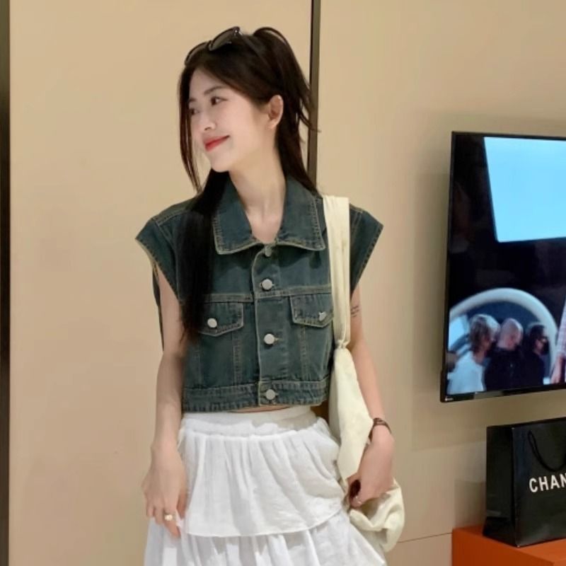 Retro short foreign style denim vest jacket women's summer new style loose and versatile sleeveless vest top trendy