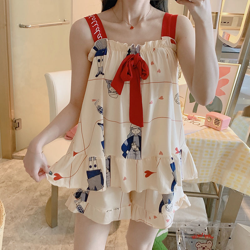 吊帶短褲睡衣女夏季性感睡衣套裝可外穿學生宿舍甜美可愛孕婦家居
