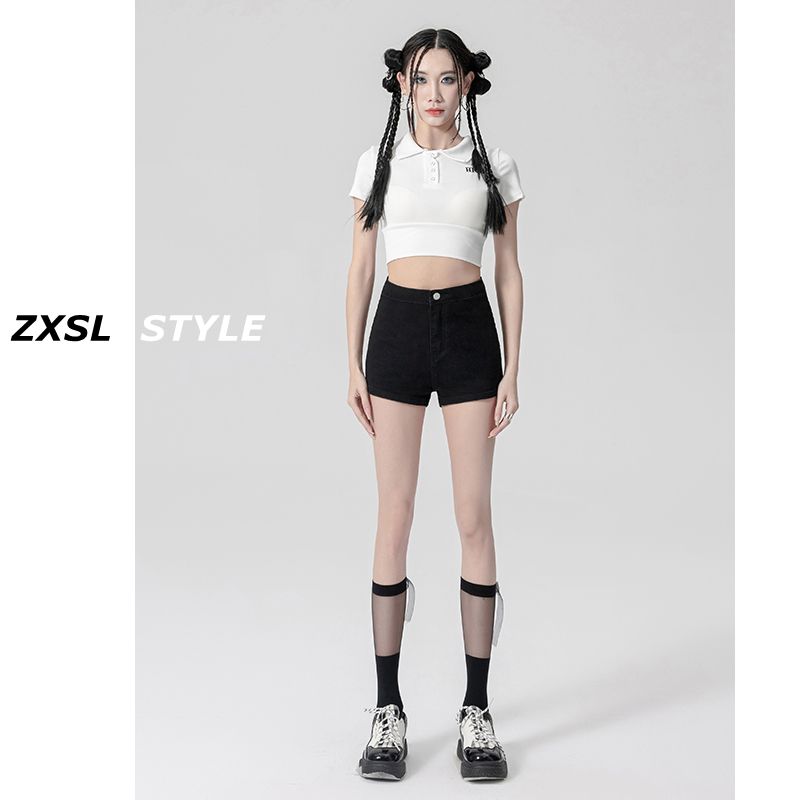 美式黑色牛仔短褲女夏季小個子高腰顯瘦緊身慵懶辣妹超短a字熱褲