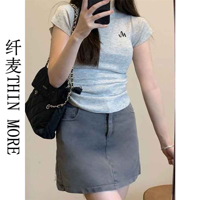 Fianmai THIN MORE gray right shoulder short-sleeved T-shirt for women summer new design slimming hot girl top