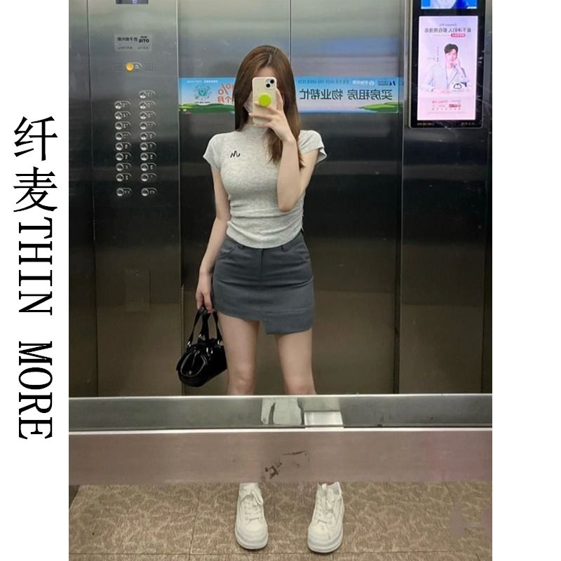 纖麥THIN MORE正肩短袖t恤女夏季設計感褶皺辣妹顯瘦小眾短款上衣