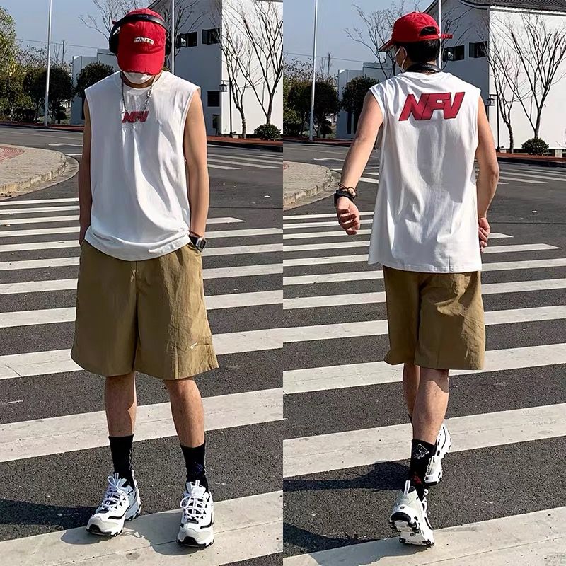 美式潮牌寬鬆字母印花純棉坎肩無袖背心男生夏季籃球百搭圓領上衣