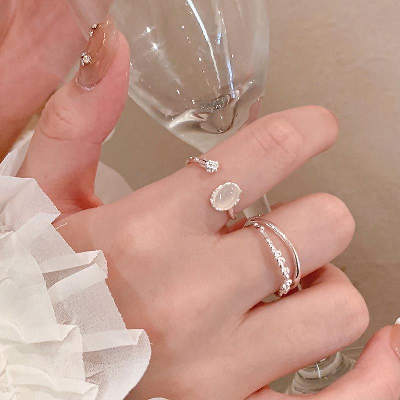 精緻月光石素圈戒指女輕奢高級感指環時尚個性甜酷風可調節食指戒