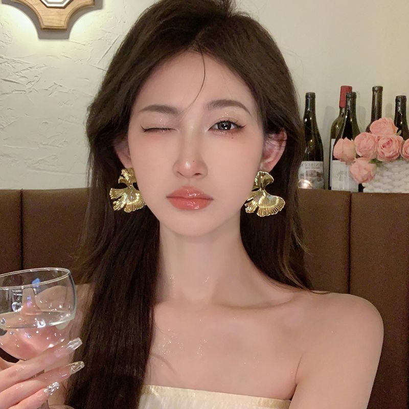 純銀耳釘銀杏葉高級感個性耳環2023新款潮小眾設計感氣質飾品耳飾