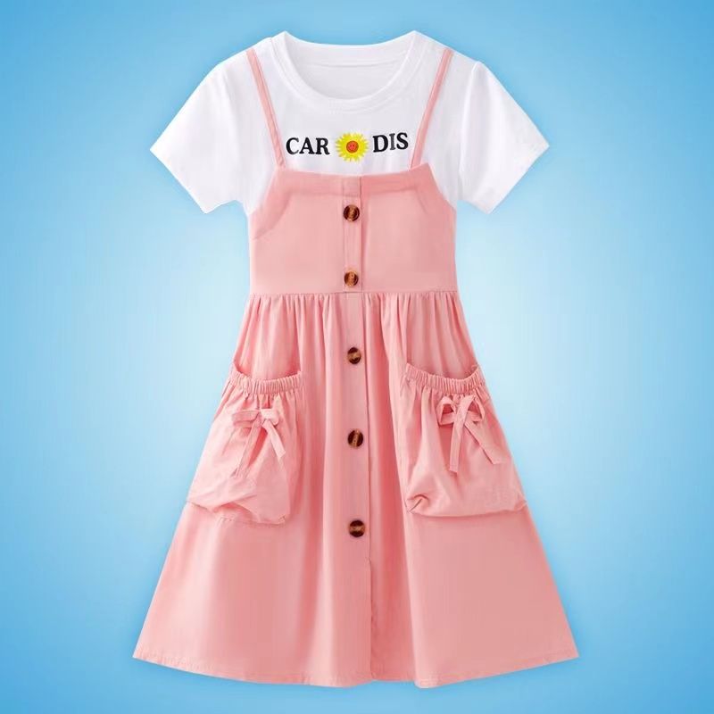 Girls Dress Summer  New Children's Fake Two-Piece Princess Dress for Older Children, Western Style Mid-length Skirt for 12 Years Old