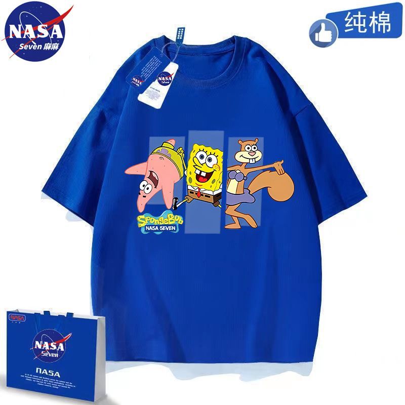 NASA Spongebob Squarepants pure cotton short-sleeved T-shirt for boys and girls summer cartoon star tops Western style medium and large children's clothing