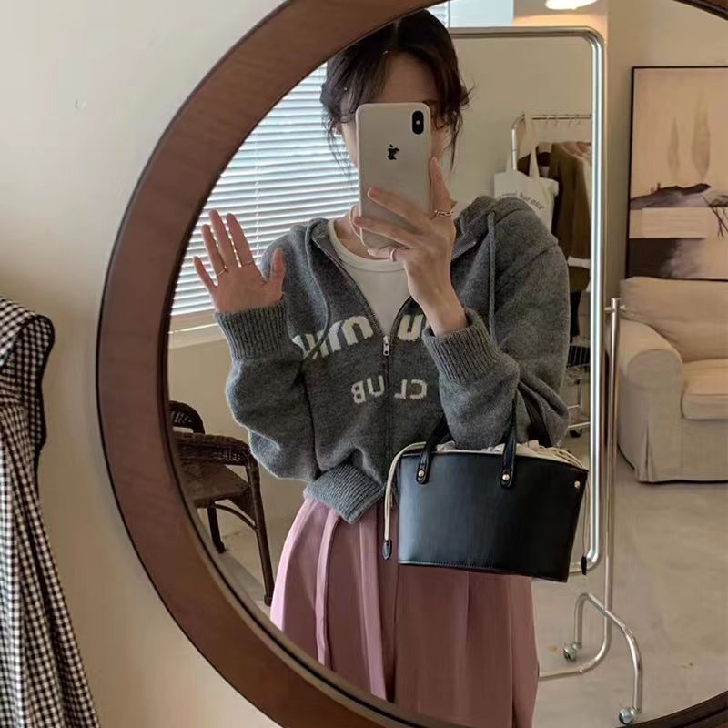 時尚減齡連帽針織開衫女2023春秋新款設計感小眾字母拉鏈短款上衣