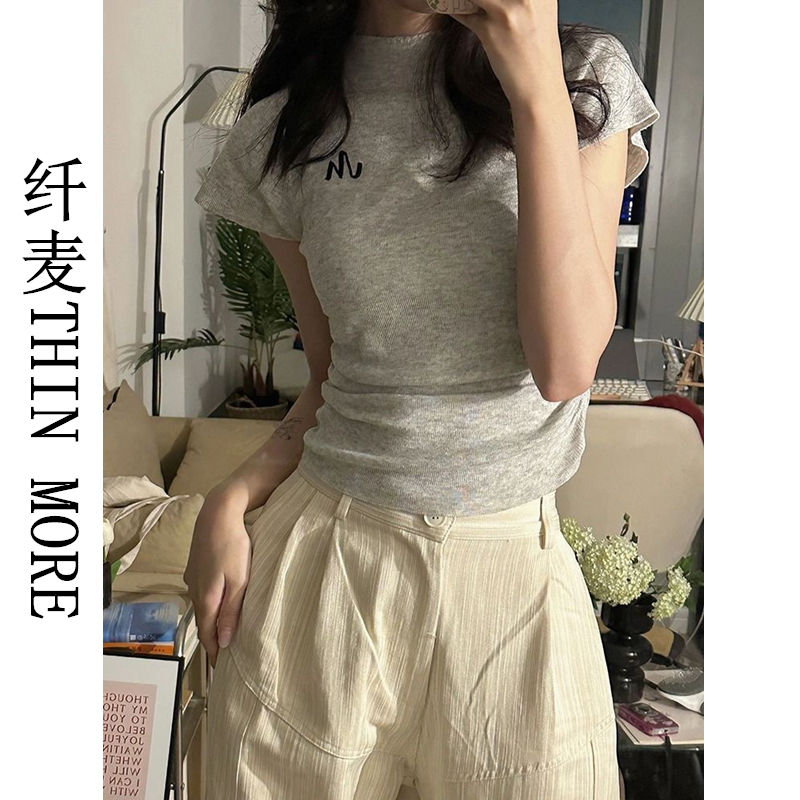 Fianmai THIN MORE gray right shoulder short-sleeved t-shirt for women summer design slimming hot girl short top
