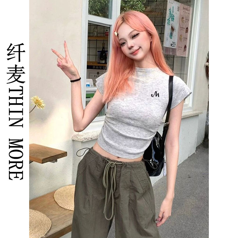Fianmai THIN MORE American Hot Girl Gray Shoulder Short Sleeve T-Shirt Women's Summer Slim Design Short Top