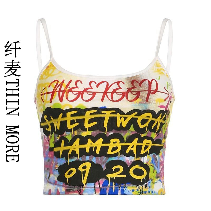 Fianmai THIN MORE graffiti letter print contrasting color summer millennium hot girl slim camisole top for women