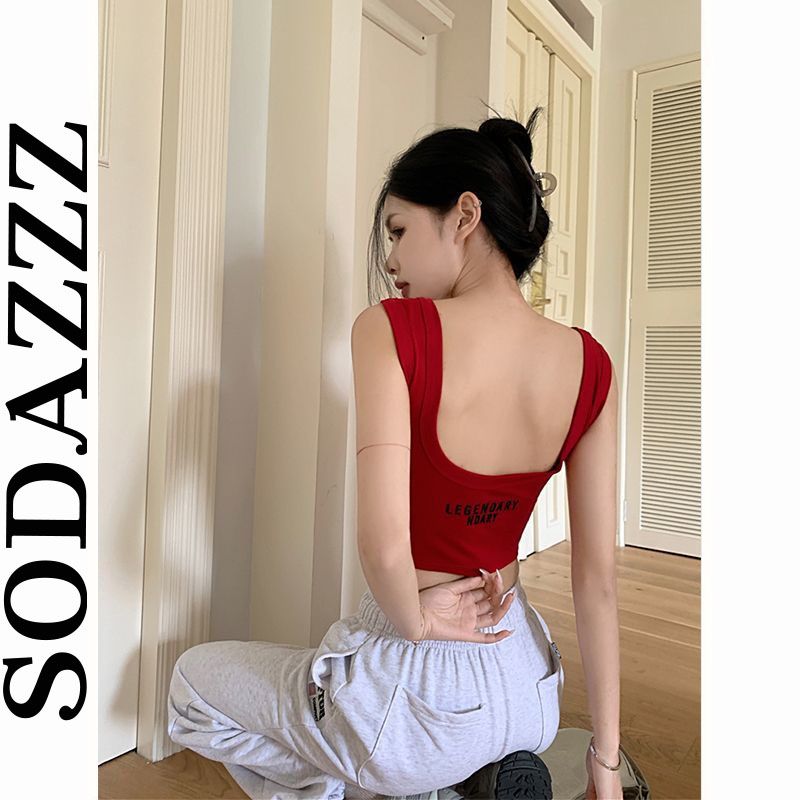 紅色u領背心女夏季新款復古辣妹純欲字母設計感美背小吊帶上衣潮