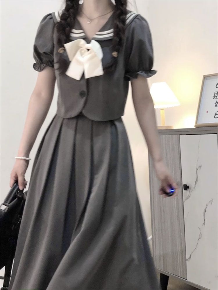 【两件套装】送蝴蝶结日系甜美风气质时尚半身裙女学生+灰色衬衫