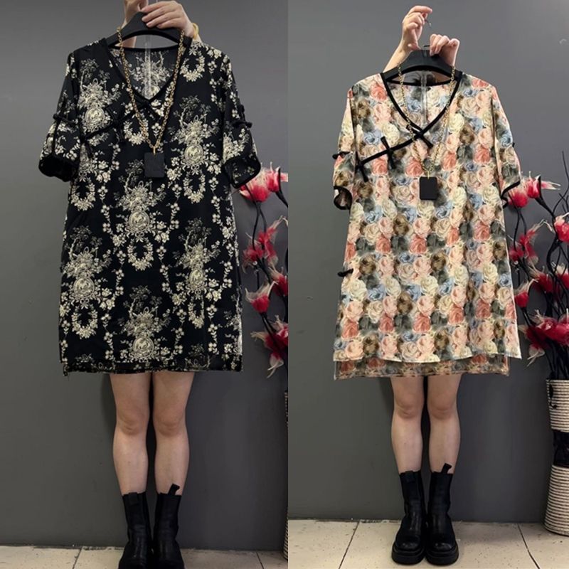 加大碼女裝V領盤扣碎花小衫胖妹妹復古風夏季款短袖休閒百搭上衣